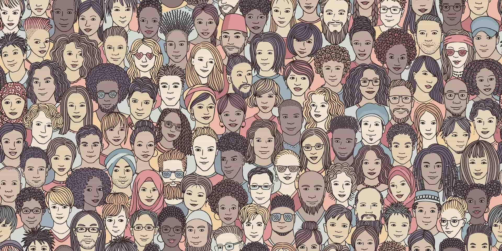 An illustration of a collage of many different human faces