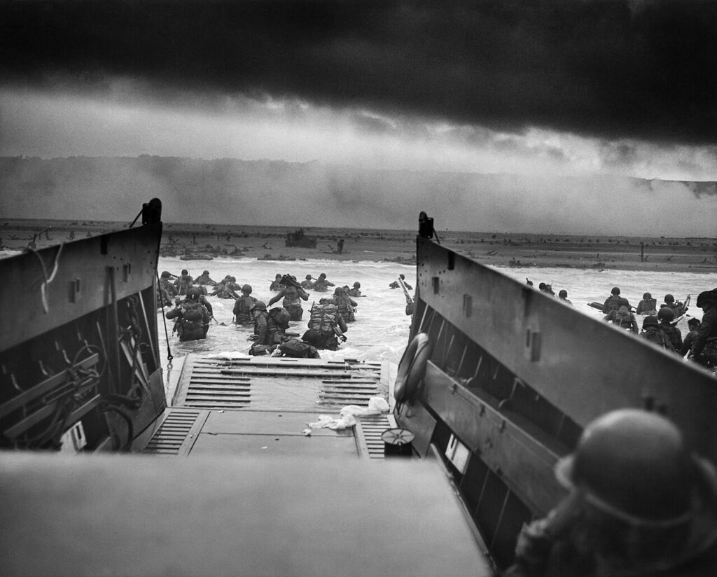"Into the Jaws of Death," an iconic photograph depicting the Omaha Beach landings on D-Day from the perspective of the landing craft