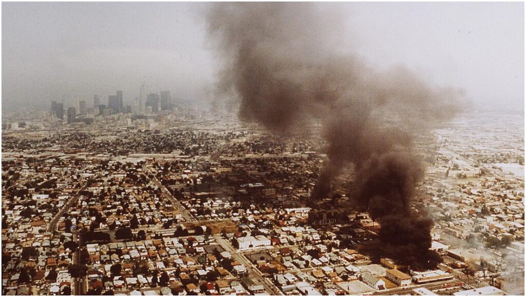 A photograph of smoke rising from parts of Los Angeles during the Rodney King Riots